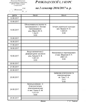 Розклад екзаменаційної сесії на 2 семестр 2016/2017 н.р.